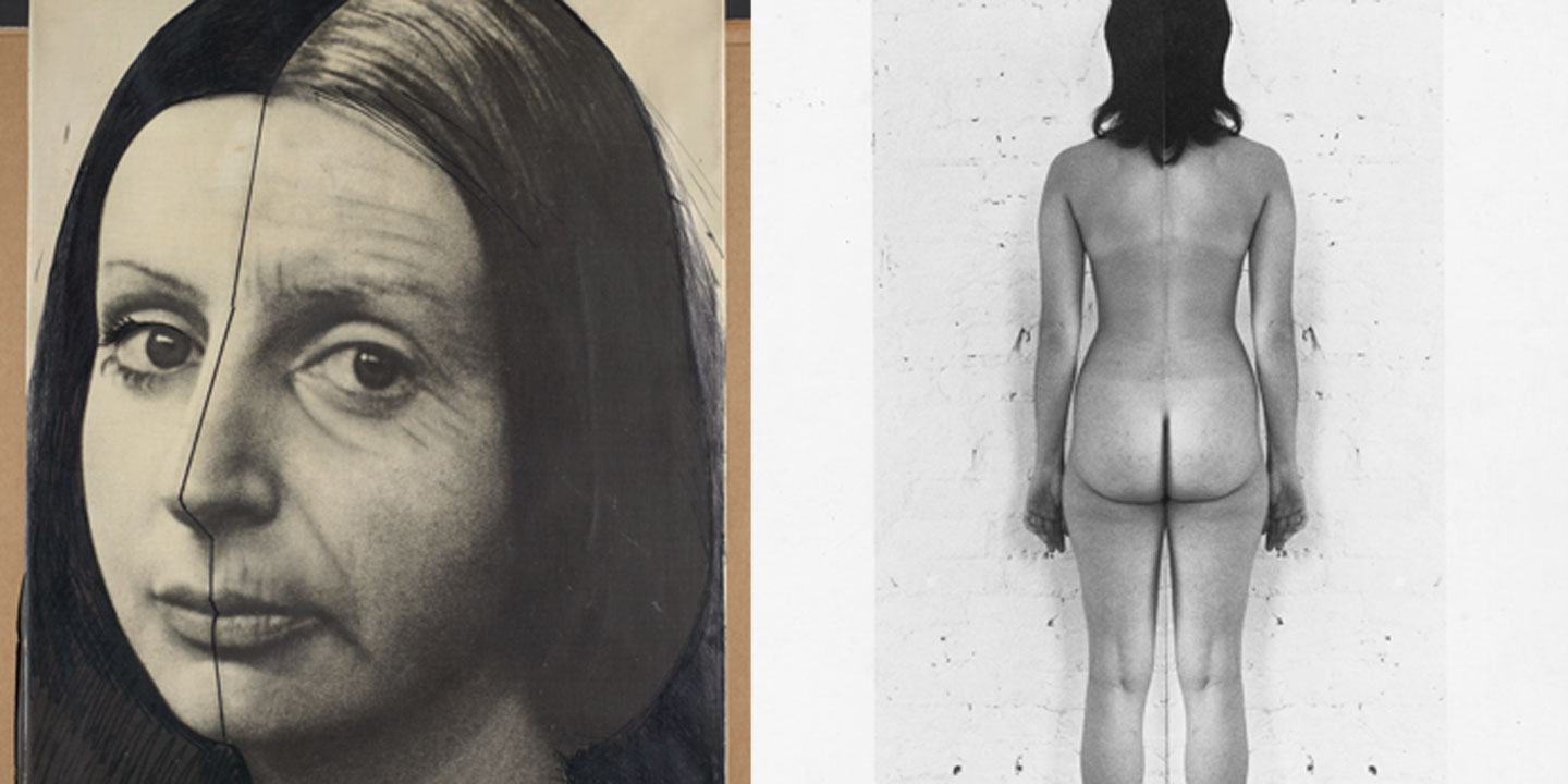 Links: "Change" von Ewa Partum, 1975. Die Künstlerin ließ sich eine Gesichtshälfte alt schminken. Rechts: "Body Halves" von Rita Myers aus dem Jahr 1971. Die Künstlerin spiegelte ihre "schönere" Körperhälfte. 