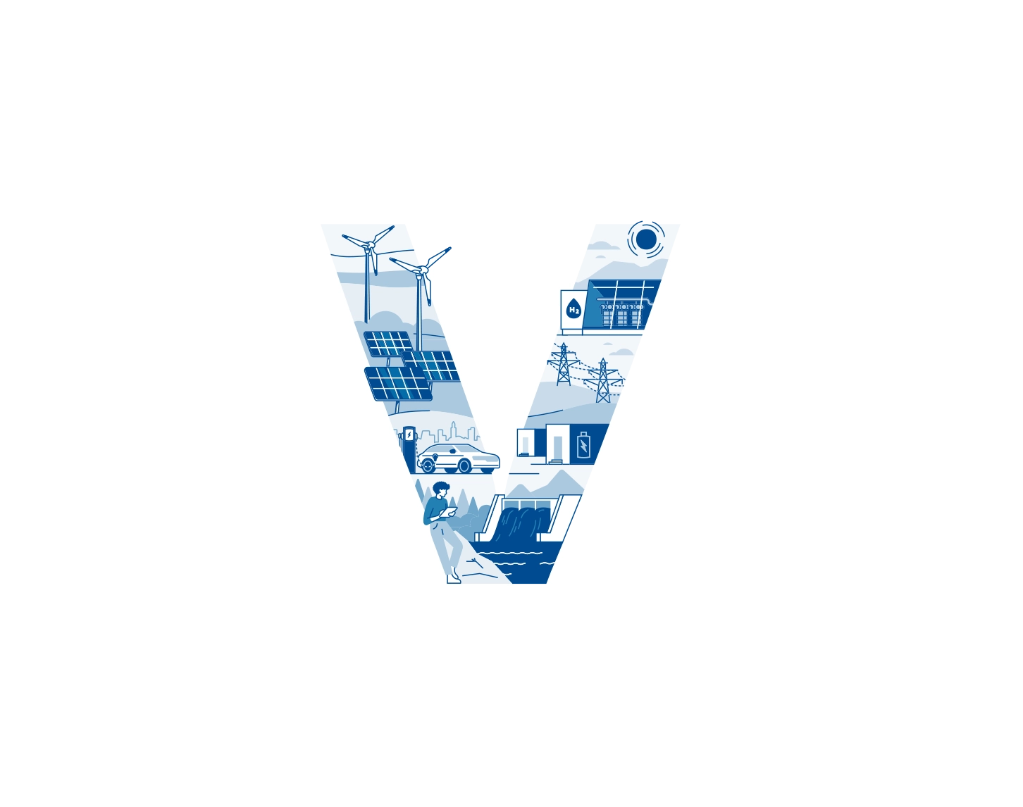 Wir sehen ein V, das aus vielen Illustratonen besteht. Hier sehen wir Szenen aus den Bereichen Wasserkraft, Windkraft, Photovoltaik, E-Lademöglichkeiten und Batteriespeicher.