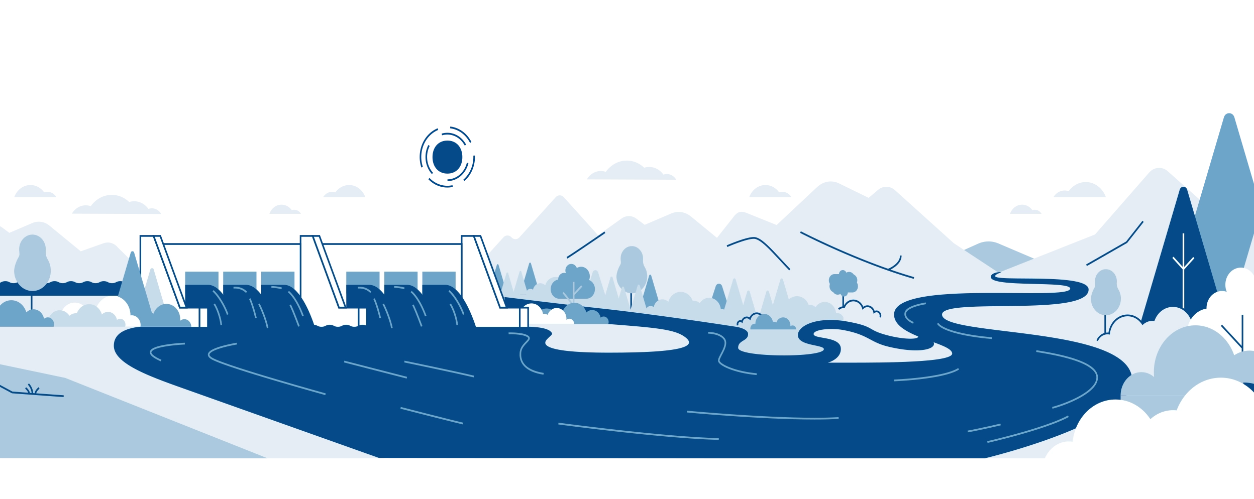 Das Bild zeigt eine Illustration mit einem Wasserkraftwerk, Fluss, Bergen und Wäldern. Die Illustration ist in unterschiedlichen Blautönen gehalten.