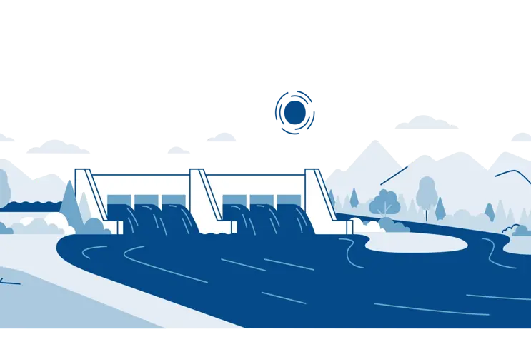 Das Bild zeigt eine Illustration mit einem Wasserkraftwerk, Fluss, Bergen und Wäldern. Die Illustration ist in unterschiedlichen Blautönen gehalten.