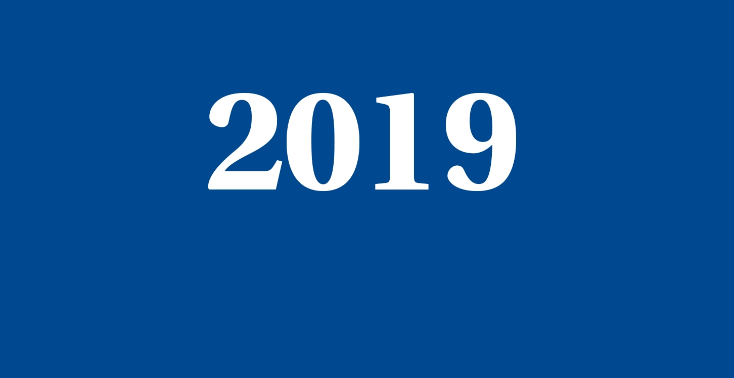 The number 2019 is in white on a dark blue background.