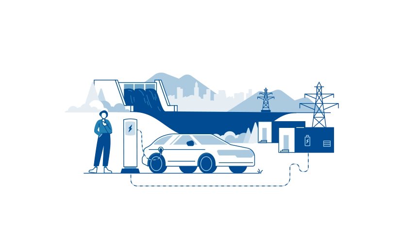 The blue and white illustration shows a person, an e-charging station, a battery storage unit, electricity pylons, mountains, cities and a hydroelectric power station with a river.