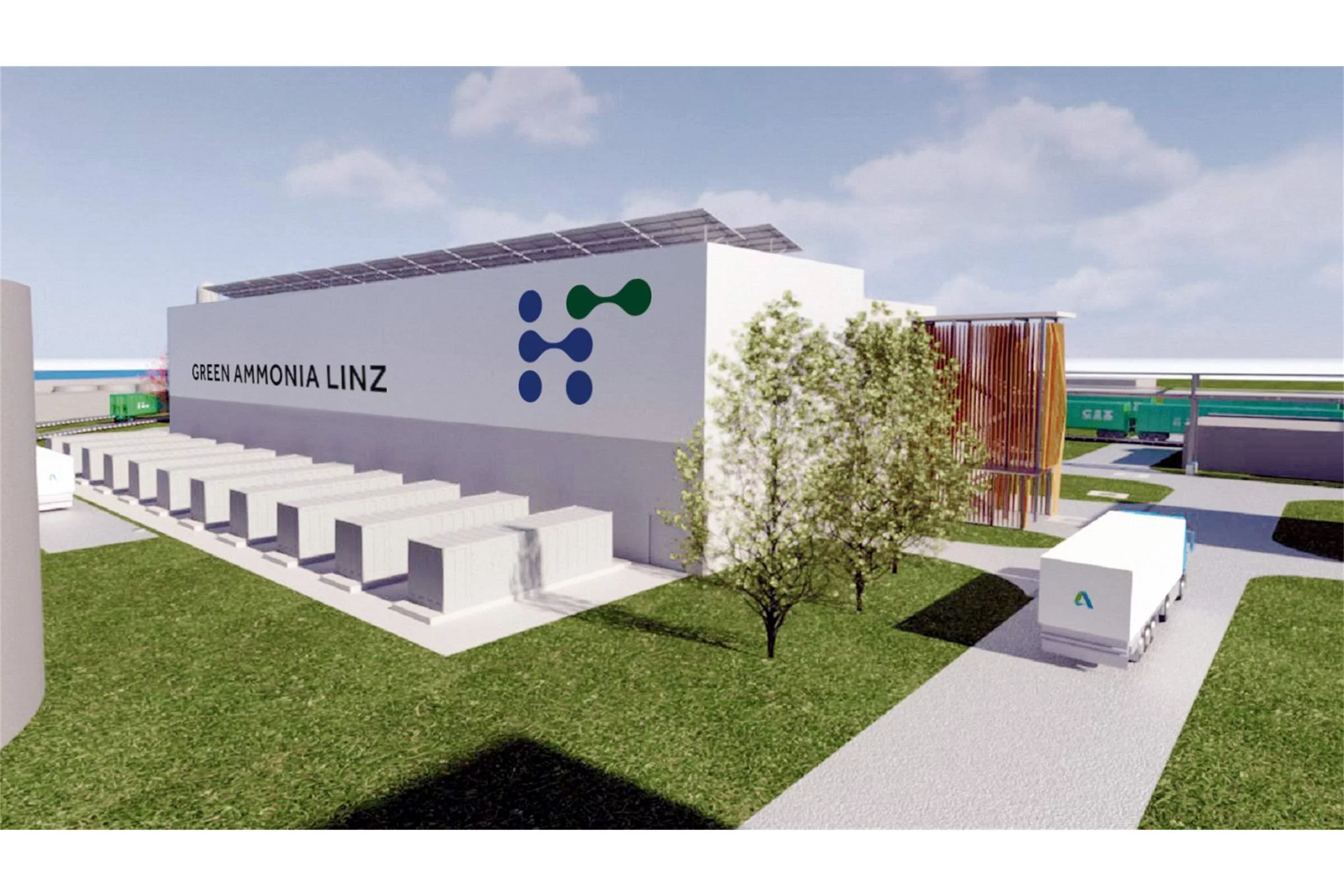 Ein 3D Modell eines weißen Gebäudes mit der Aufschrift Green Ammonia Linz. Davor Container und ein LKW.