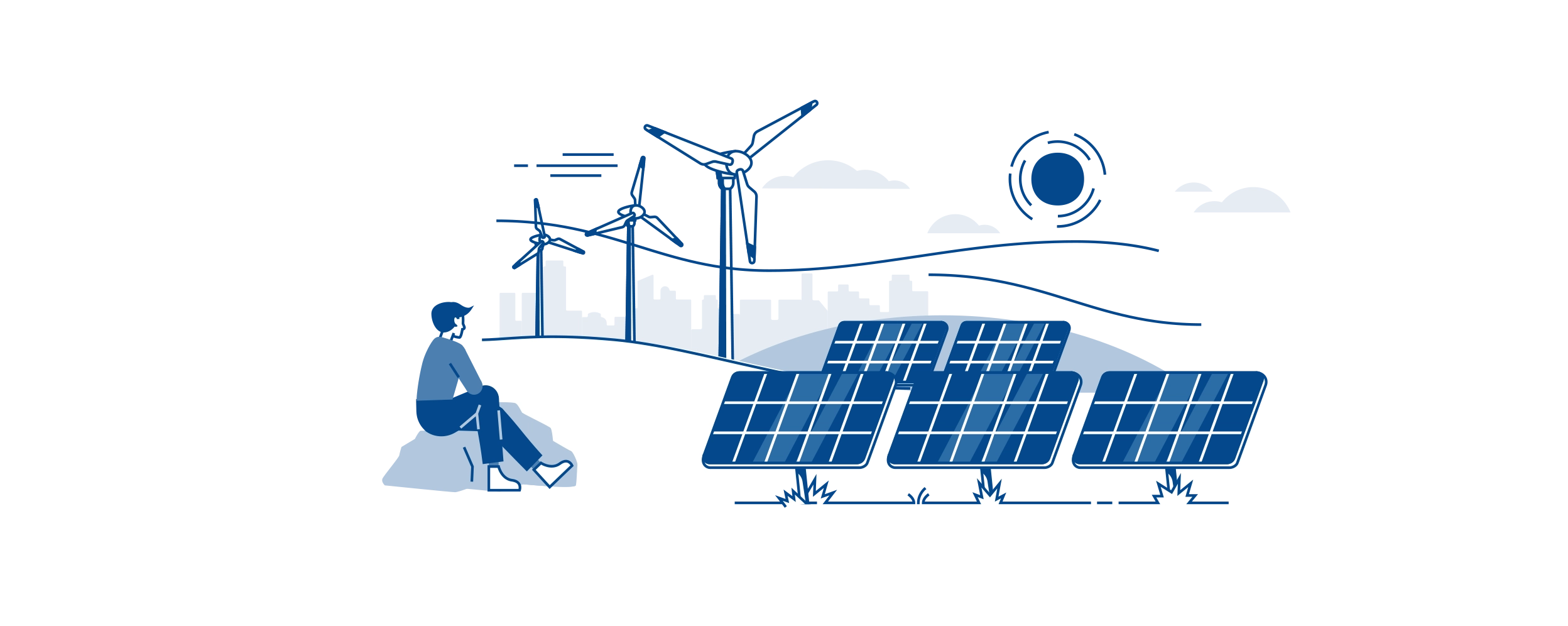 Wir sehen eine Illustration einer leicht hügeligen Landschaft mit Windrädern und PV Anlagen. Eine Person sitzt rechts davon auf einem Hügel und betrachtet die Szene. Eine Sonne ist zu sehen.
