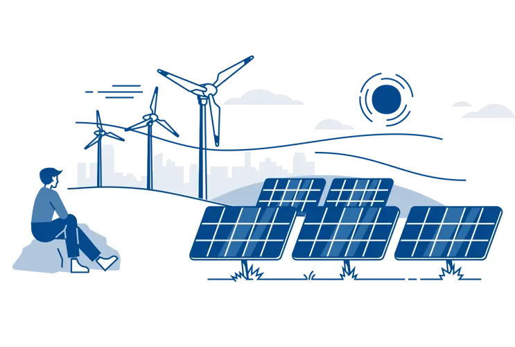 We see an illustration of a slightly hilly landscape with wind turbines and PV systems. A person is sitting on a hill to the right and looking at the scene. A sun can be seen.
