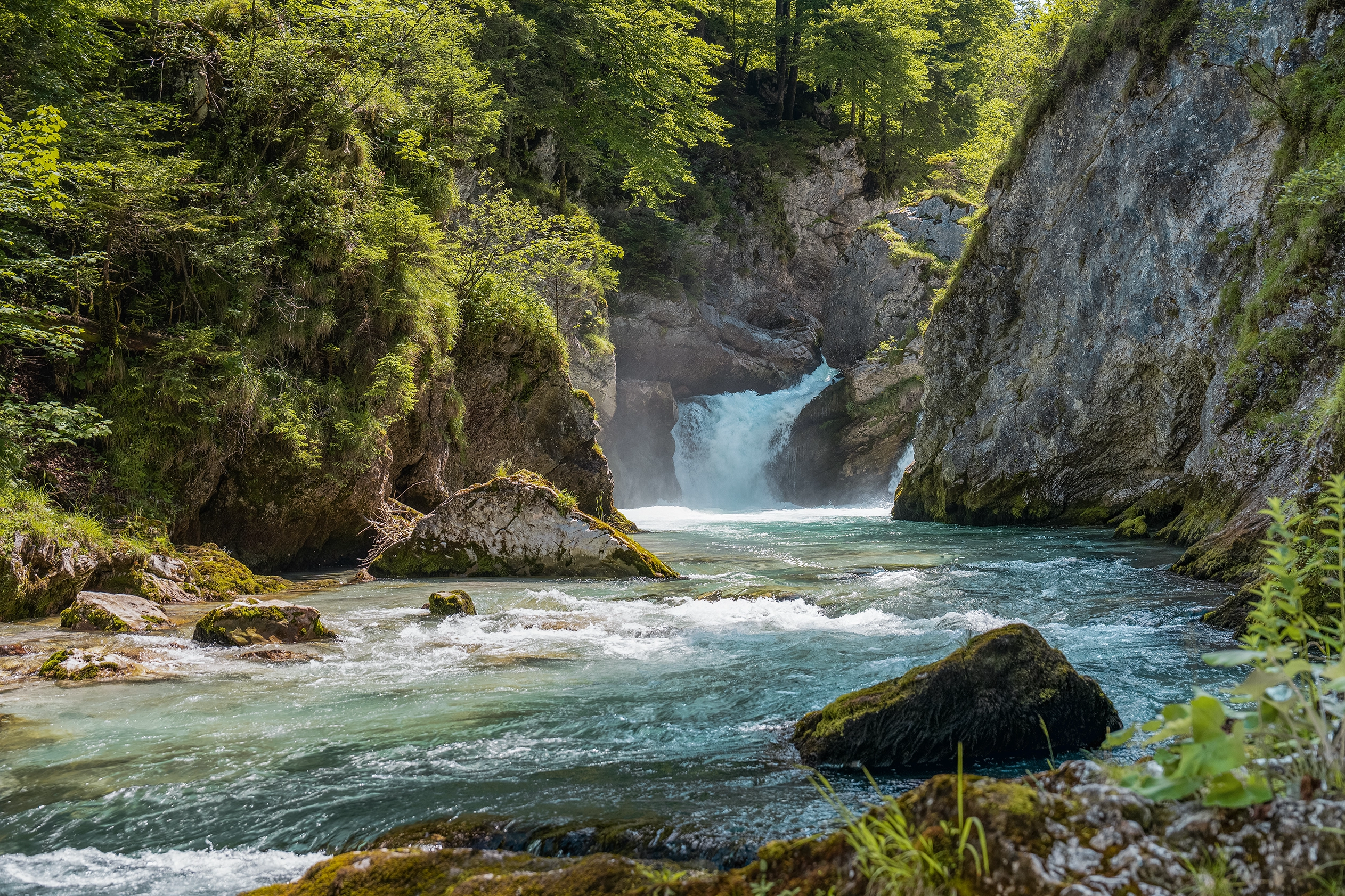 A bright blue mountain stream meanders through a gorge. The sun is shining and delicate greenery is visible to the right and left.