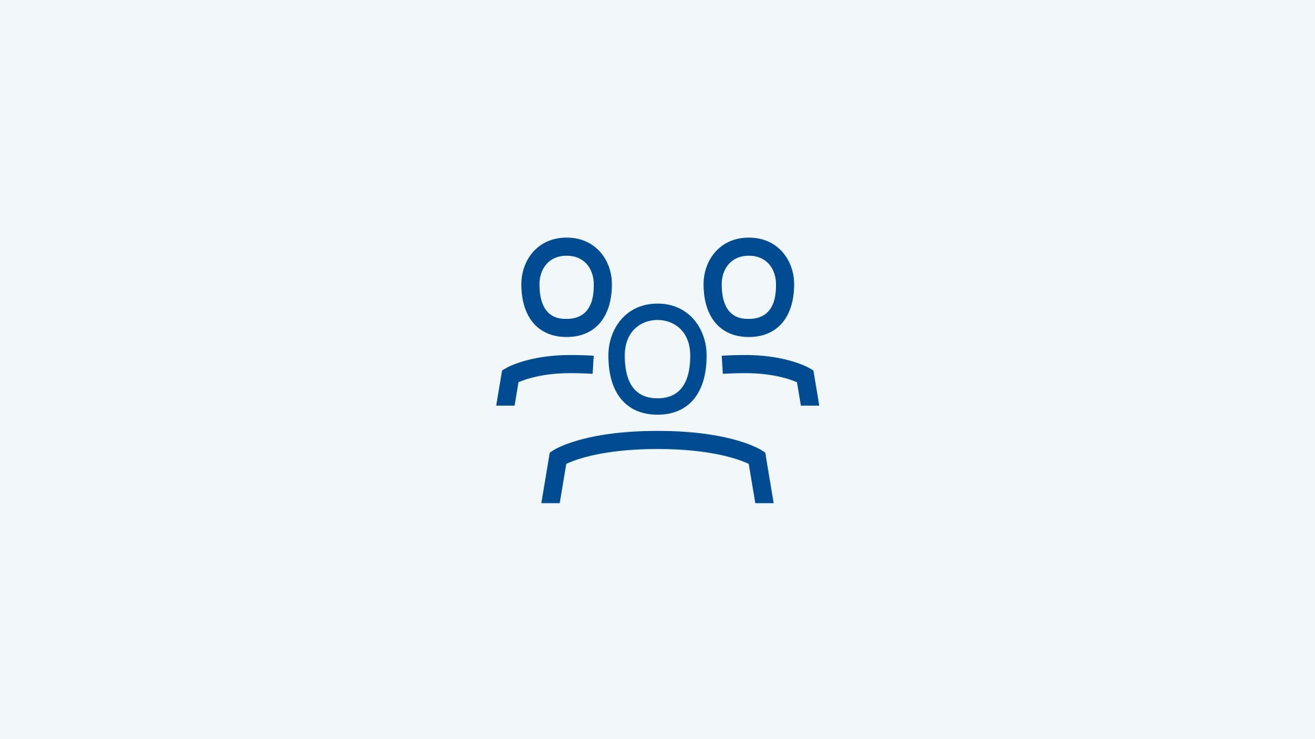 Three stylised people in the form of icons are displayed in dark blue on a light blue background.