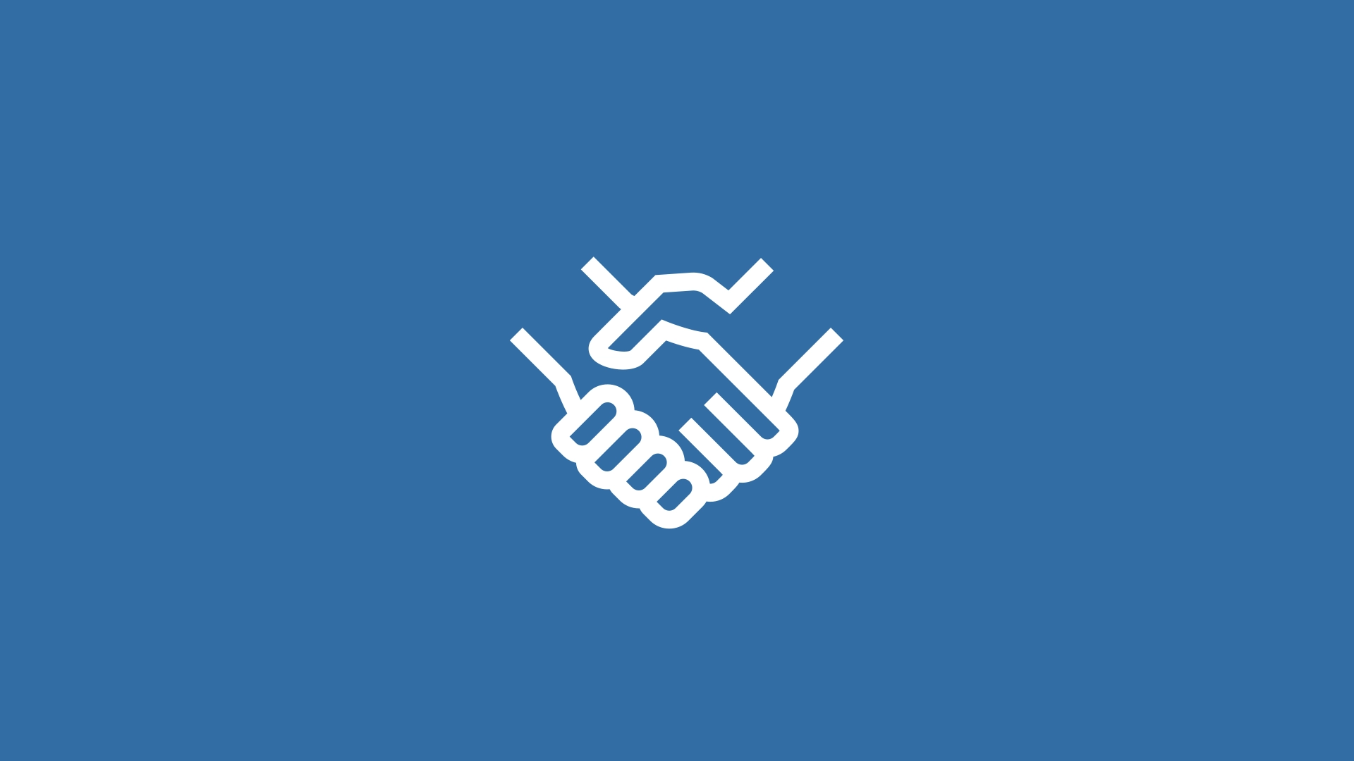 Two stylised hands in white shaking hands are placed on a medium blue background.