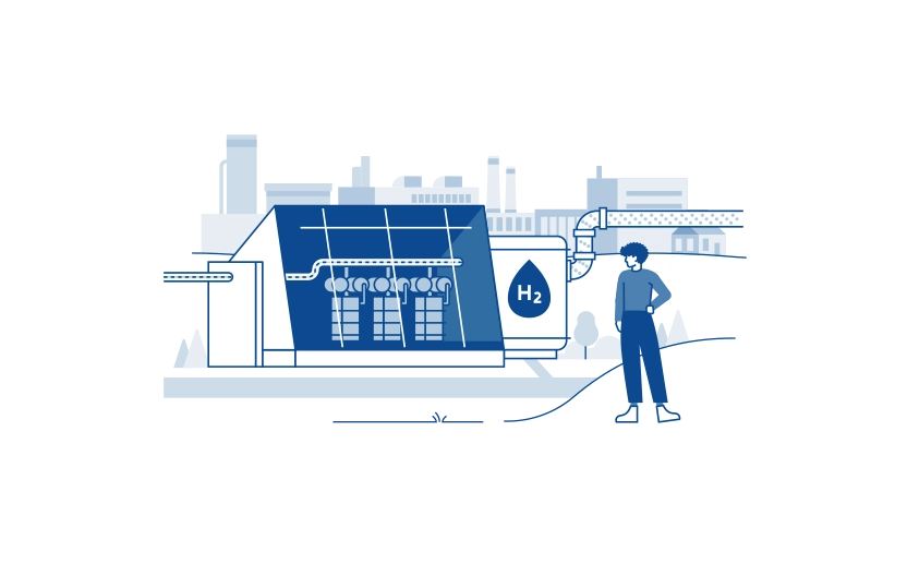 The blue and white illustration shows a stylised human, a hydrogen plant and a city in the background.