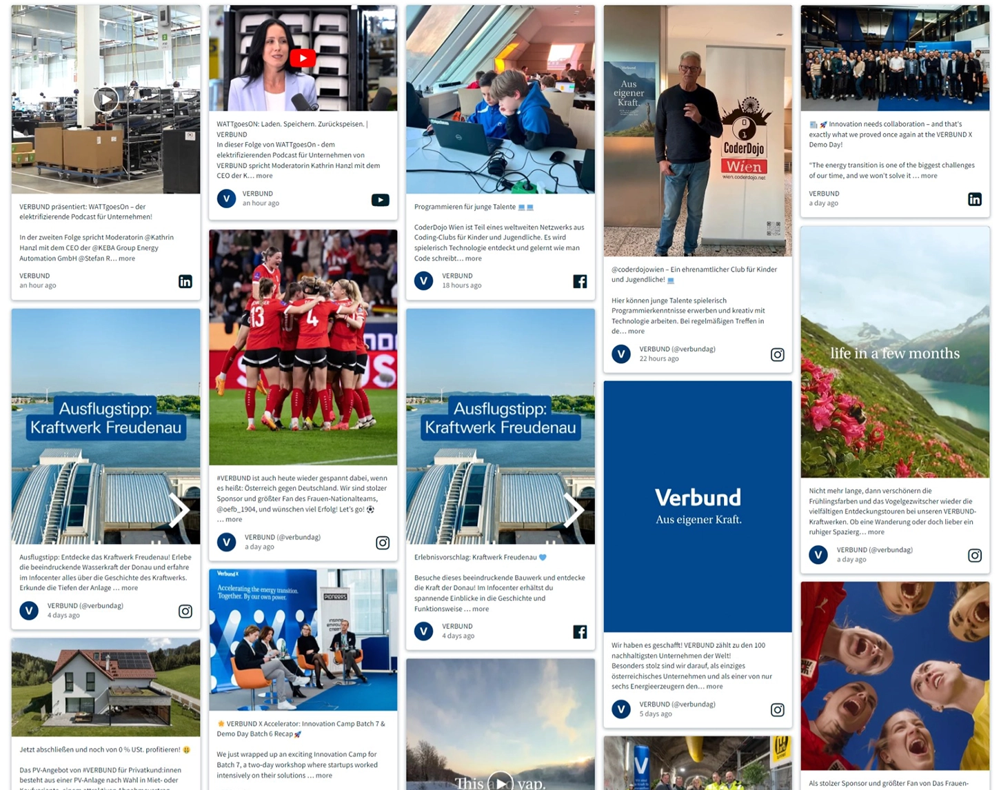 Wir blicken auf Beiträge von VERBUND in diversen Social Media Kanälen. Es sind unterschiedliche Bilder und kurze Texte mit den jeweiligen Logos der einzelnen Kanäle von Instagram, LinkedIn, Facebook und Youtube zu sehen.