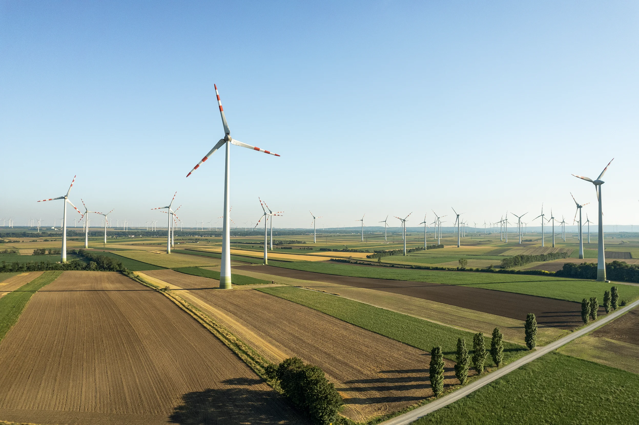 Zahlreiche Windkraftanlagen stehen zwischen weitläufigen Feldern unter klarem Himmel; eine Anlage ragt im Vordergrund auf.
