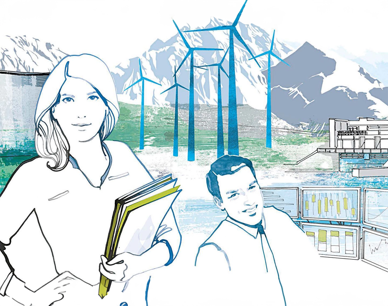 Das Bild zeigt eine stilisierte Berglandschaft mit Windrändern, einem See und zwei Menschen.