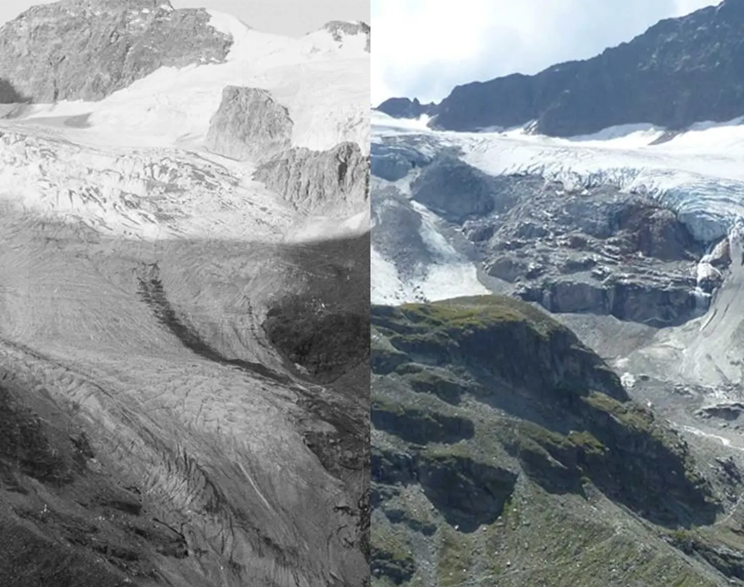 Wir sehen einen Vergleich zwischen dem Jahr 1973 und 2019, der zeigt, wie sehr der Gletscher bisher geschmolzen ist.