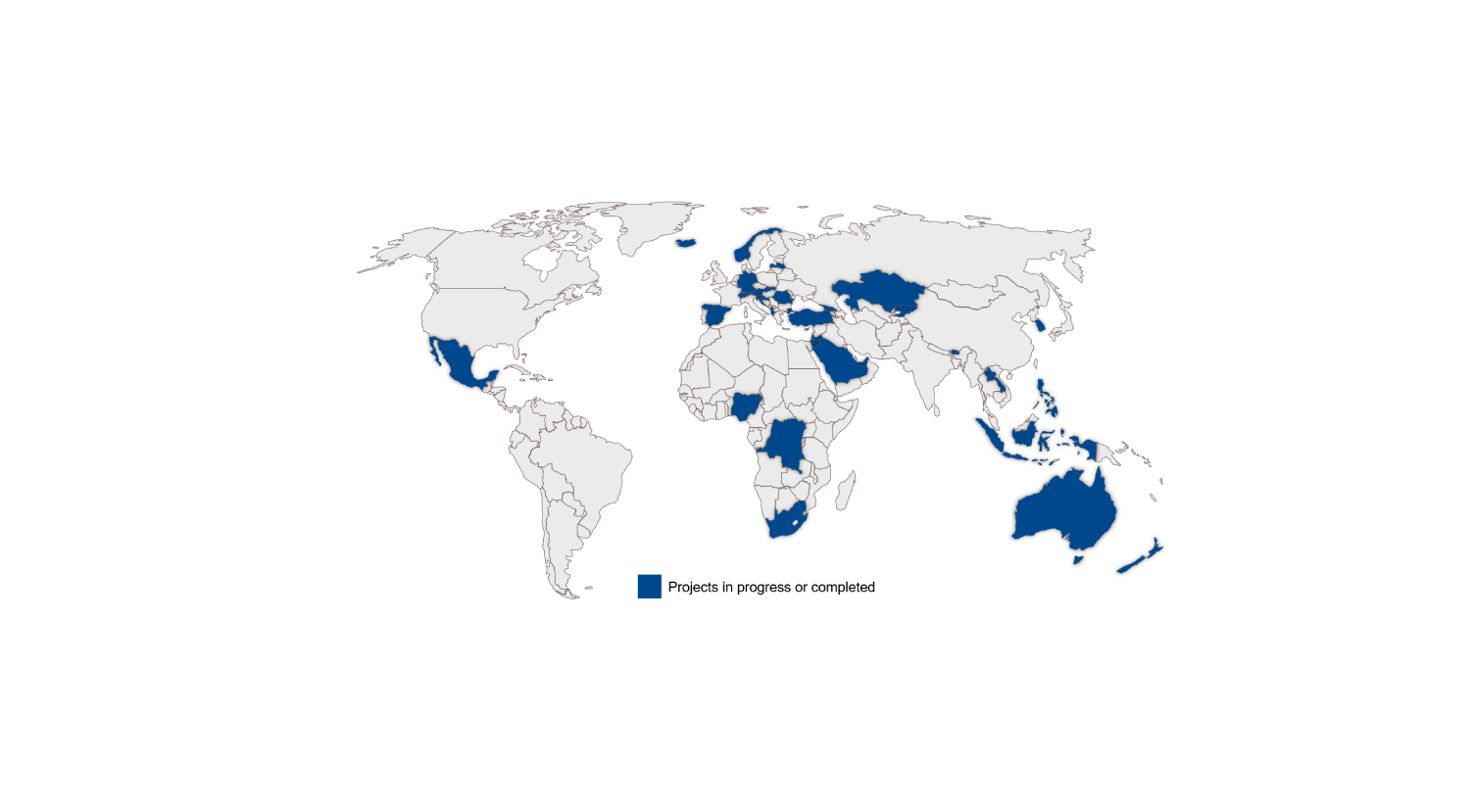 Zu sehen ist eine Weltkarte in der jene Länder blau markiert sind, in denen die VERBUND Hydro Consulting bereits tätig ist. Diese sind: Mexico, Nigeria, Demokratische Republik Kongo, Spanien, Deutschland, Schweiz, Österreich, Albanien, Türkei, Saudi Arabien, Kroatien, Norwegen, Island, Kasachstan, Indoniesien, Australien, Südkorea, Neuseeland, Lettland
