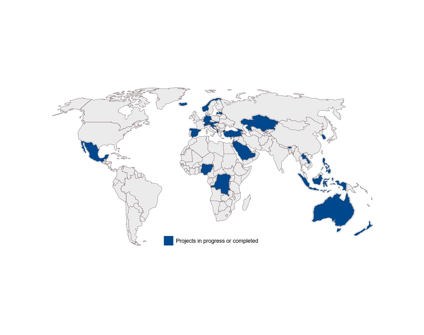 Zu sehen ist eine Weltkarte in der jene Länder blau markiert sind, in denen die VERBUND Hydro Consulting bereits tätig ist. Diese sind: Mexico, Nigeria, Demokratische Republik Kongo, Spanien, Deutschland, Schweiz, Österreich, Albanien, Türkei, Saudi Arabien, Kroatien, Norwegen, Island, Kasachstan, Indoniesien, Australien, Südkorea, Neuseeland, Lettland