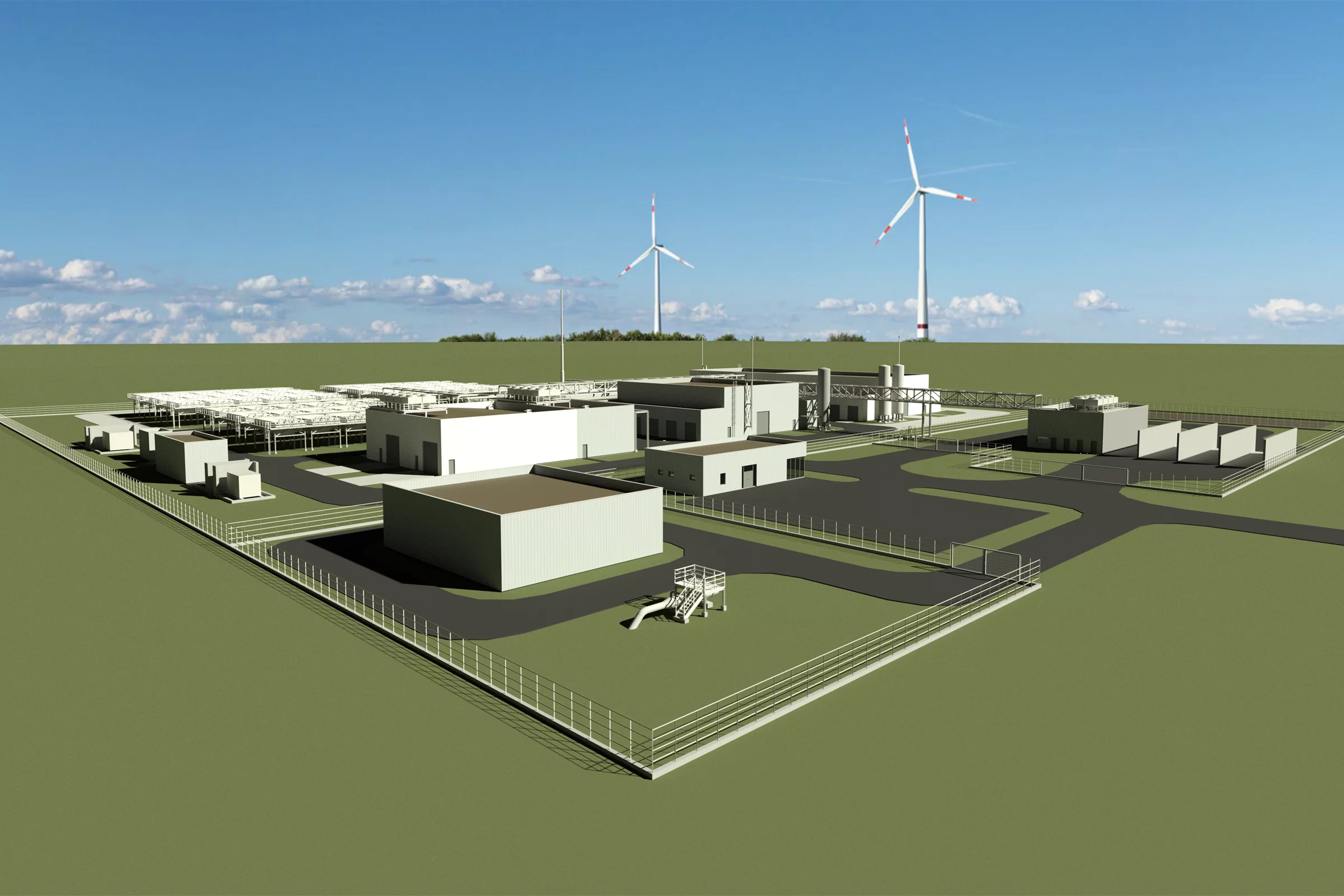 Ein 3D Rendering einer Wasserstoffanlage, dahinter ein Windpark.