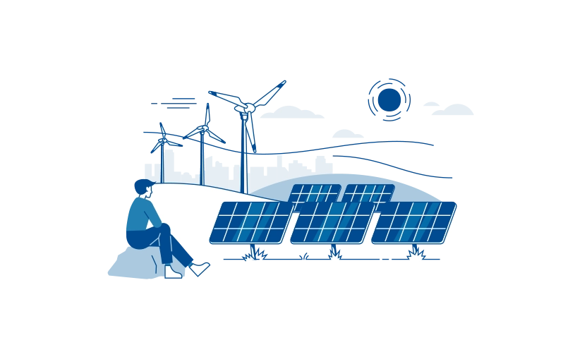 The blue and white illustration shows a stylised image of a person, a PV system, wind turbines and a sun.